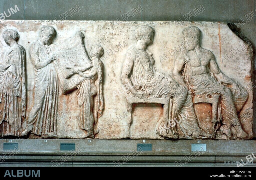 The sacred robe of Athena held up by cult officials, and Athena and Hephaistos, 438 BC. From the Elgin collection, British Museum.