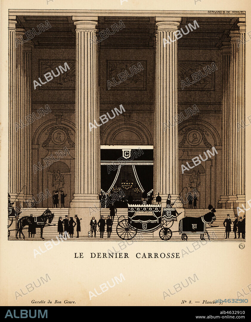 Grand funeral scene with horse-drawn hearse in front of a classical building with columns. Mourners on the stairs, chandeliers shining within a black crepe curtained room. The last carriage. Le Dernier Carrosse. Handcoloured pochoir lithograph by Bernard Boutet de Monvel from Lucien Vogels Le Bon Genre: 100 Plates from Gazette du Bon Ton, Brentanos, Paris, 1920.