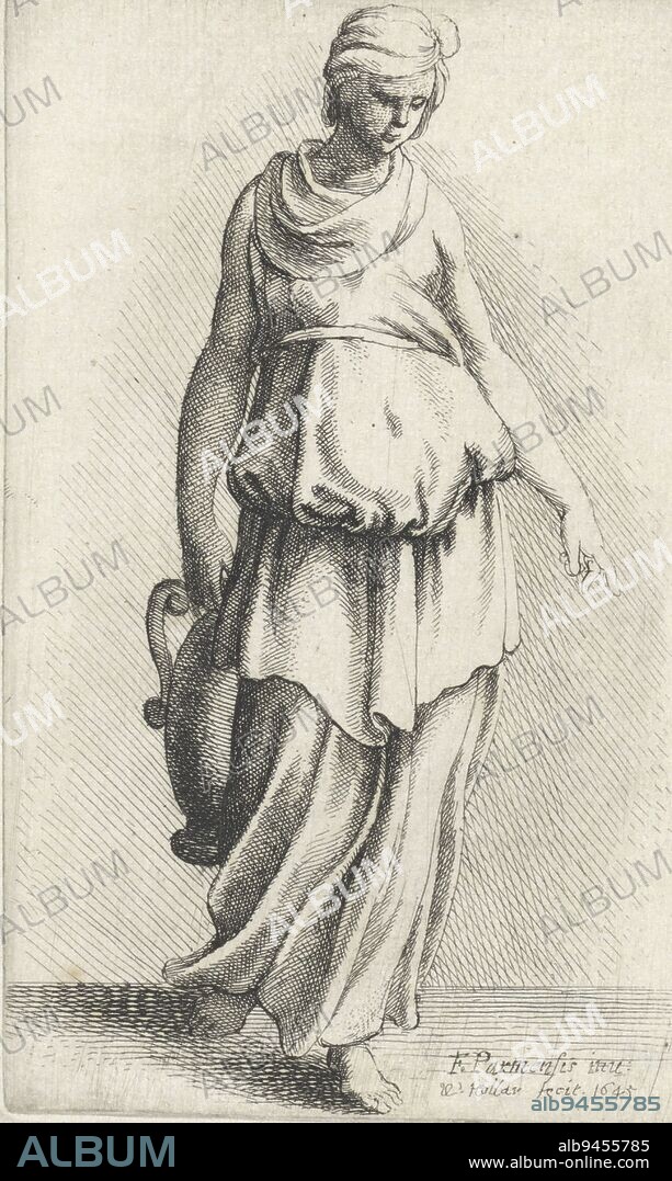 Standing Woman in Classic Dress with Vase, print maker: Wenceslaus Hollar, (mentioned on object), Parmigianino, (mentioned on object), Antwerp, 1645, paper, etching, h 120 mm × w 76 mm.