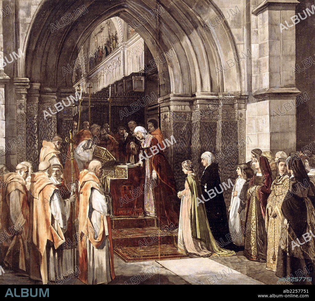 REYES CATOLICOS. ISABEL LA CATOLICA. REINA DE CASTILLA ., MADRIGAL 1451 - 1504. " ISABEL LA CATOLICA EN LA CARTUJA DE MIRAFLORES ". GRABADO DE UN CUADRO DE LUIS ALVAREZ.. ILUSTRACION ESPAÑOLA Y AMERICANA.