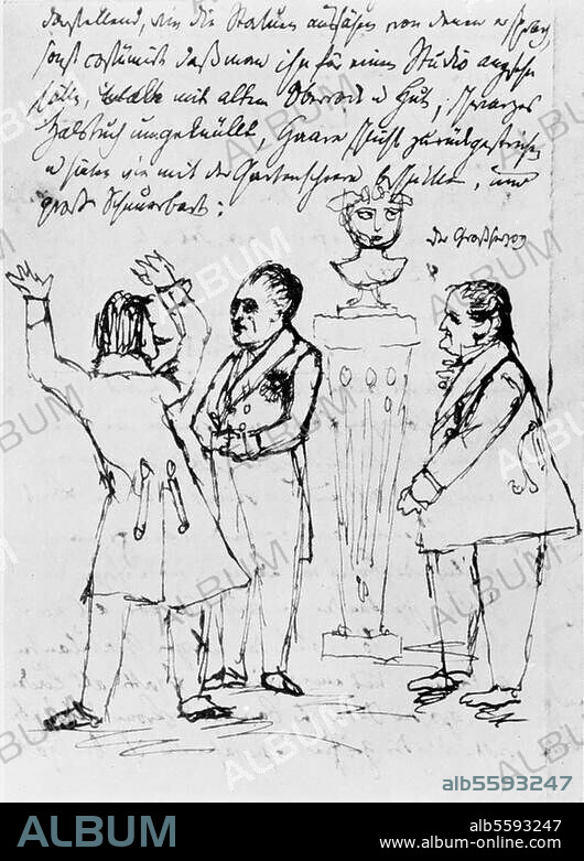 Goethe, Johann Wolfgang von Frankfurt a. M. 28.8.1749 - Weimar 22.3.1832. Goethe nimmt an seinem Geburtstag am 28.8.1827 die Glückwünsche von König Ludwig I. von Bayern und Großherzog Karl August v. Sachsen-Weimar entgegen. Federzeichnung von Ernst Theodor Henke, 1827.