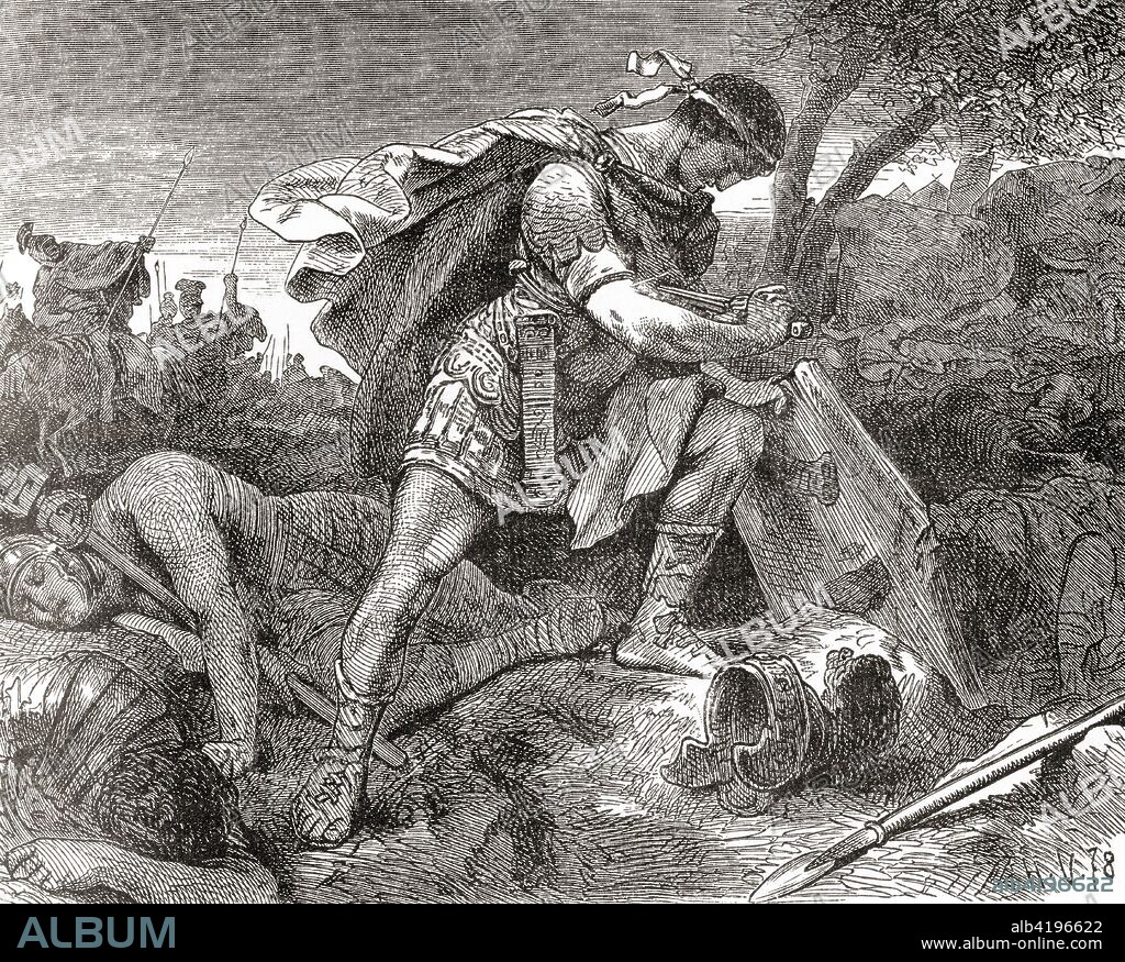 The suicide of Brutus after the Battle of Philippi in October 42 B.C.  Marcus Junius Brutus (the Younger), 85 BC - 42 BC, aka Brutus.  Politician of the late Roman Republic who took a leading role in the assassination of Julius Caesar.  From Ward and Lock's Illustrated History of the World, published c.1882.