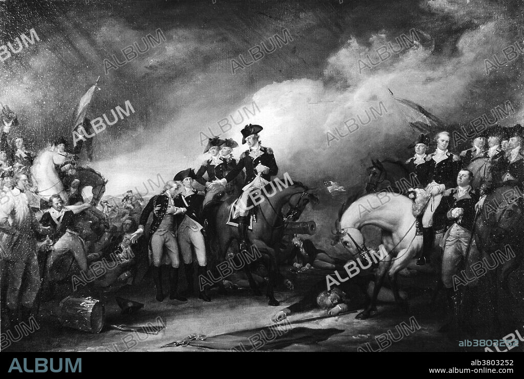 A reproduction of "Capture of the Hessians at Trenton" by the American painter John Trumbull (1756-1843), owned by the Yale University Art Gallery. The Battle of Trenton took place during the American Revolution when George Washington defeated the Hessian garrison at Trenton, New Jersey. The painting was completed between 1787 and 1794 and measures 54.1 by 79.1 cm.