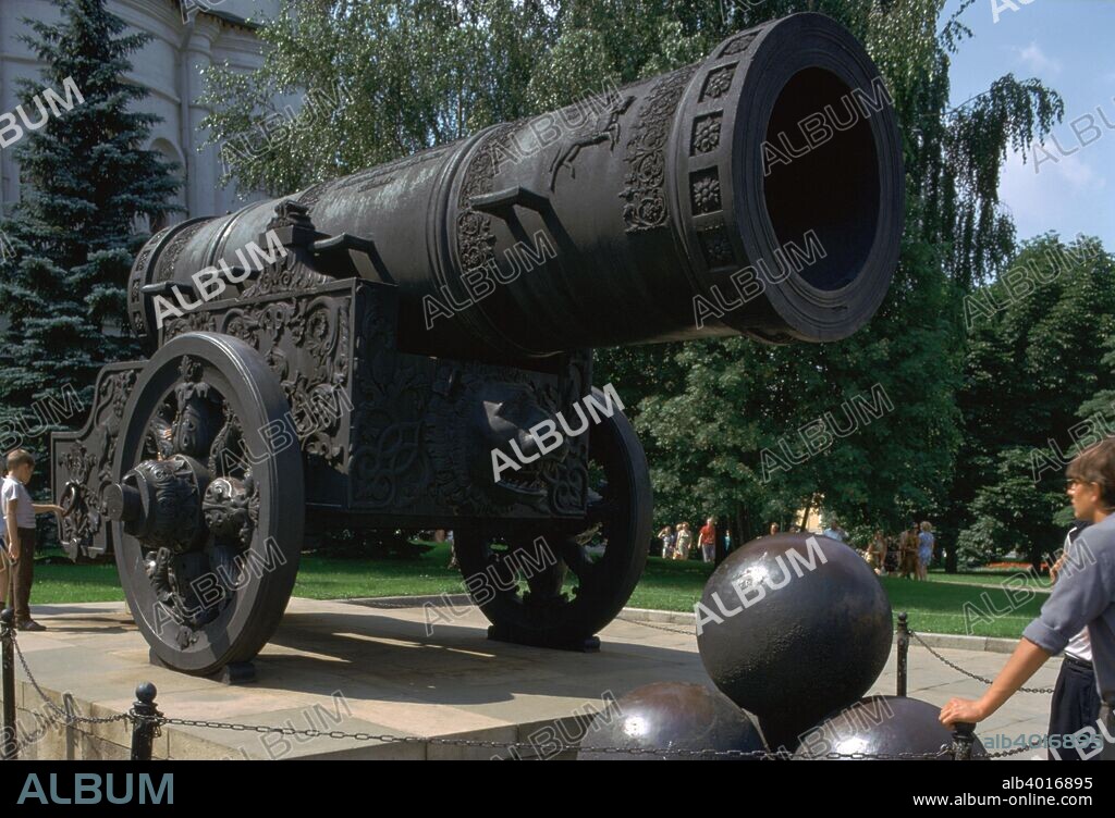 The Tsar's Cannon, the largest canon in the world. It is 17.45 feet long, has a base of 36.1 inches, and weighs 40 tons. It was cast by Andrey Chokhov.