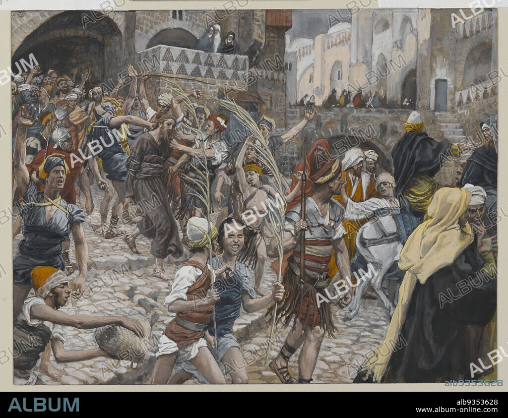 Jesus Led from Caiaphas to Pilate, Jésus conduit de Caïphe à Pilate, The Life of Our Lord Jesus Christ, La Vie de Notre-Seigneur Jésus-Christ, James Tissot, French, 1836-1902, Opaque watercolor over graphite on gray wove paper, France, 1886-1894, Image: 6 11/16 x 8 5/8 in., 17 x 21.9 cm, captive, chaos, crisis, French, James Tissot, Jerusalem, Jesus, Jesus conduit de Caphe a Pilate, Jesus led from Caiaphas to Pilate, Matthew 27:2, medieval, palms, procession, punishment, Tissot, Watercolor.