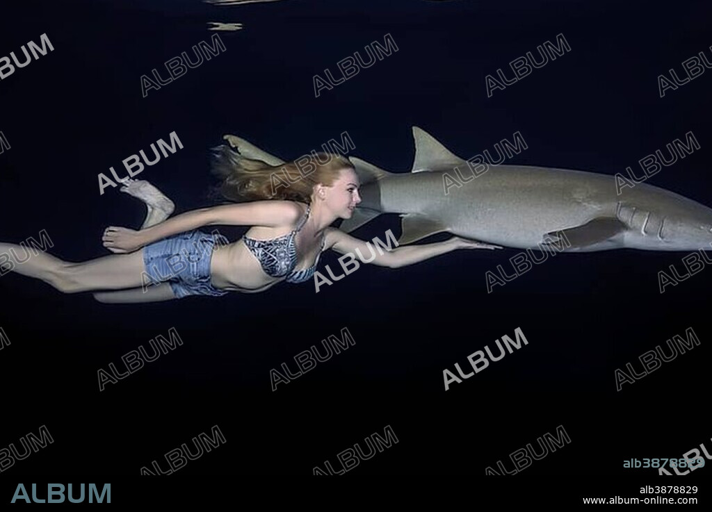 Young beautiful woman swims with shark at night, tawny nurse shark (Nebrius ferrugineus), Indian Ocean, Maldives