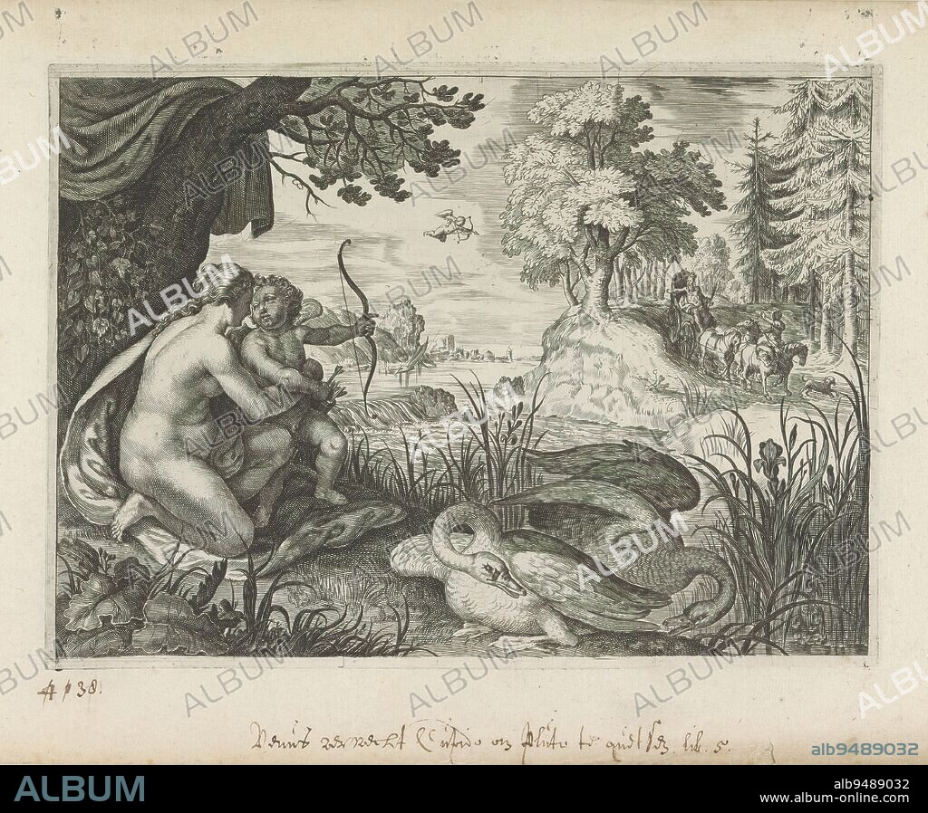 Venus asks Amor to shoot an arrow at Pluto, Metamorphoses by Ovid (series title), Venus kneels by Amor, who takes an arrow from his quiver. In the background he is about to shoot an arrow at Pluto, who is riding in his chariot. In front two swans., print maker: Crispijn van de Passe (II), after drawing by: Roelant Savery, publisher: Crispijn van de Passe (II), (attributed to), c. 1636 - 1670, paper, engraving, height 163 mm × width 224 mm.
