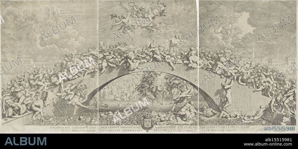 Venice, Rossetti, Domenico, Fight on a Bridge in Venice, verso - stamped, A large group of men fighting on a bridge in Venice., print, prints, height 585 mm, width 1305 mm, Italian, 1650 - 1736-04-13, print maker, printmaker, 1660 - 1736, paper, papier, engraving, engraving (printing process), etching.
