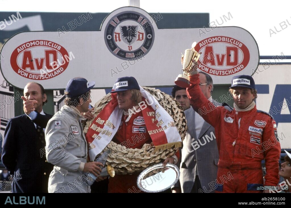 Winner James Hunt is talking with 2nd placed Jody Scheckter and German favourite Jochen Mass of McLaren finished 3rd. Niki Lauda has been burned in this race and is fighting for his life in Adenau Hospital. German GP, Germany 1 Aug 1976.