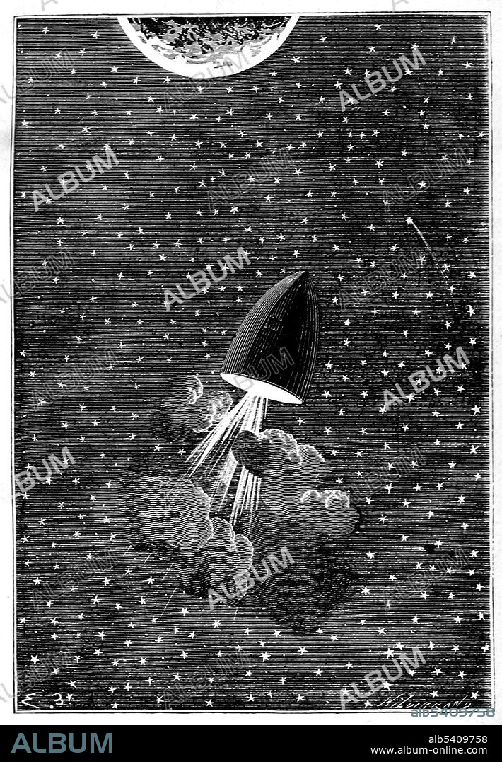 Columbiad in space. From the Earth to the Moon is an 1865 novel by Jules Verne. It tells the story of the Baltimore Gun Club, and their attempts to launch 3 people in a projectile to land on the moon. The story is notable in that Verne attempted to do calculations as to the requirements for the cannon and some of his figures are remarkably accurate. The sequel, Around the Moon, deals with what happens to the 3 men in their travel from the Earth to the Moon. It was later combined with From the Earth to the Moon to create A Trip to the Moon and Around It. Illustration by Émile-Antoine Bayard and Alphonse de Neuville, 1872.