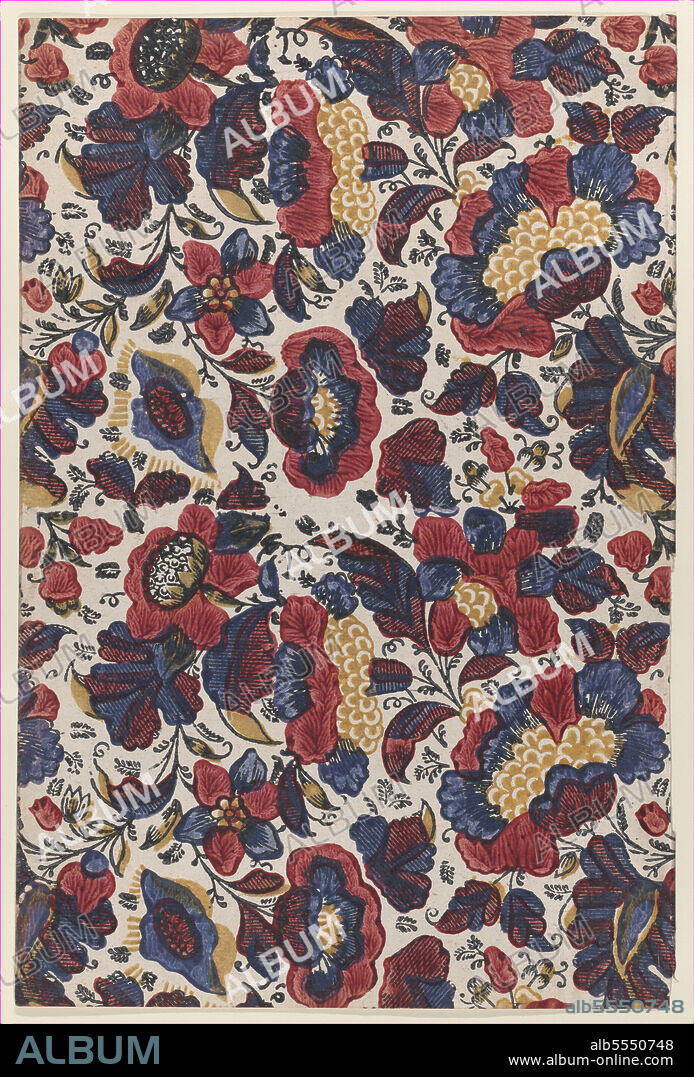 ANON. Paste end paper with overall pattern of red, blue, and yellow flowers, 19th century.