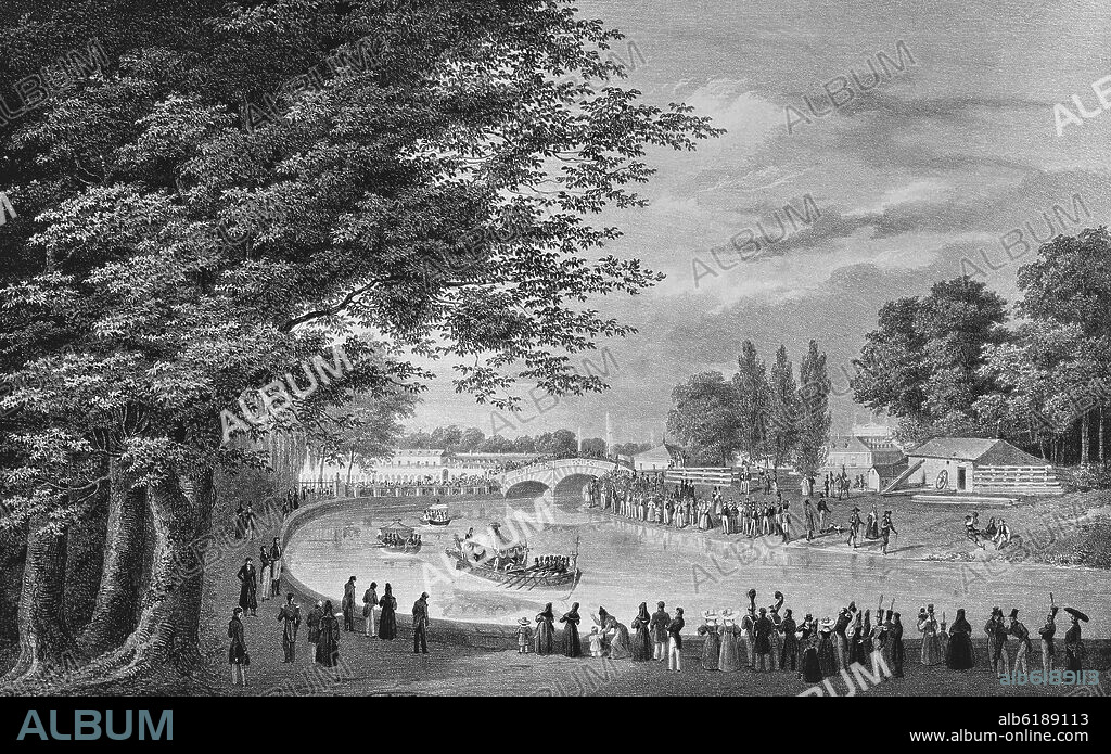 FERNANDO BRAMBILA. VISTA DEL PUENTE LLAMADO DE BARCAS Y DE LA FALUA REAL EN EL  REAL SITIO DE ARANJUEZ - GRABADO SIGLO XIX.