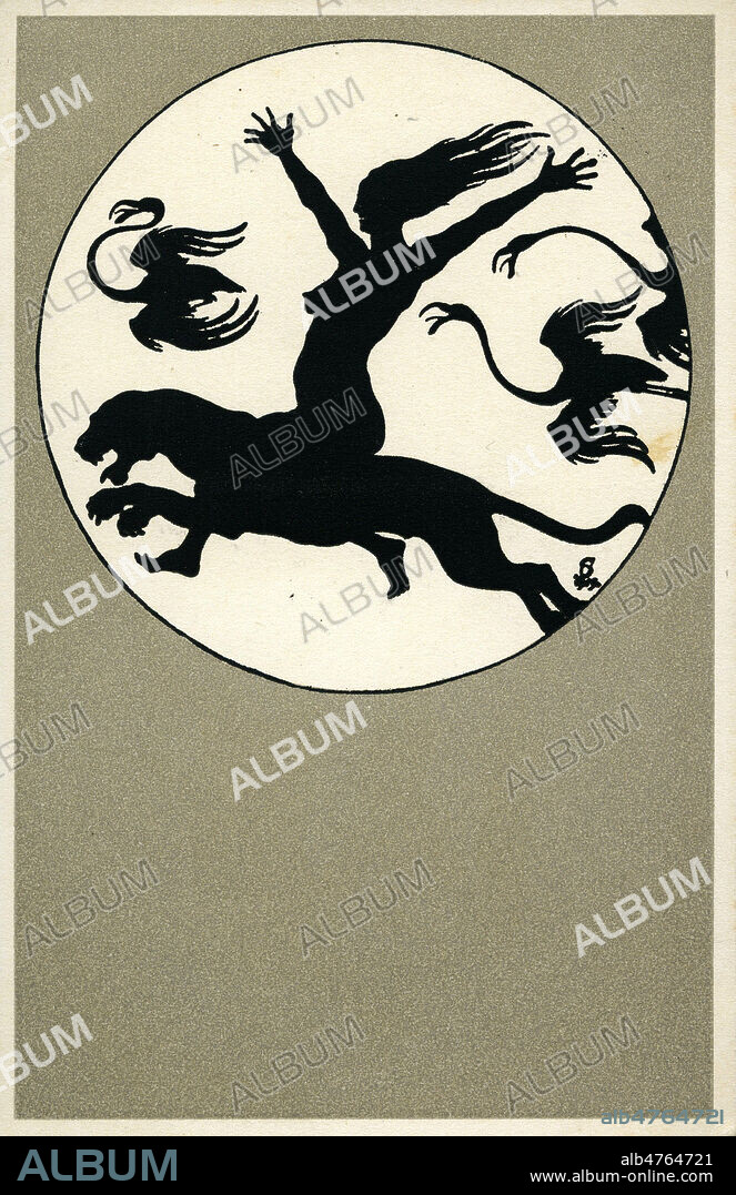 LACERTE - Sorciere chevauchant une panthere. Serie de Cartes postales , motifs sorcieres , Sabbat, en ombres chinoises. Illustration OTTO STIEFFEL , 'Walpurgisnacht' la Nuit de Walpurgis . serie de 12. Edite a partir d'un ouvrage porte folio de gravures par Edm v. Konig's Kuntsverlag, Heidelberg, Allemagne vers 1920. Collection IM/KHARBINE TAPABOR.