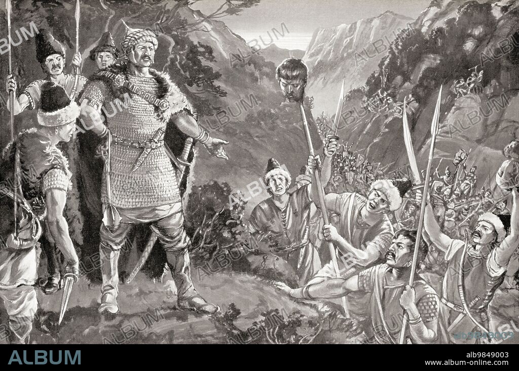 The head of Nicephorus I brought to Krum Khan of Bulgaria after the Battle of Pliska, 811. Nikephoros I or Nicephorus I, died July 26, 811. Byzantine Emperor from 802 to 811 AD. From Hutchinson's History of the Nations, published 1915.