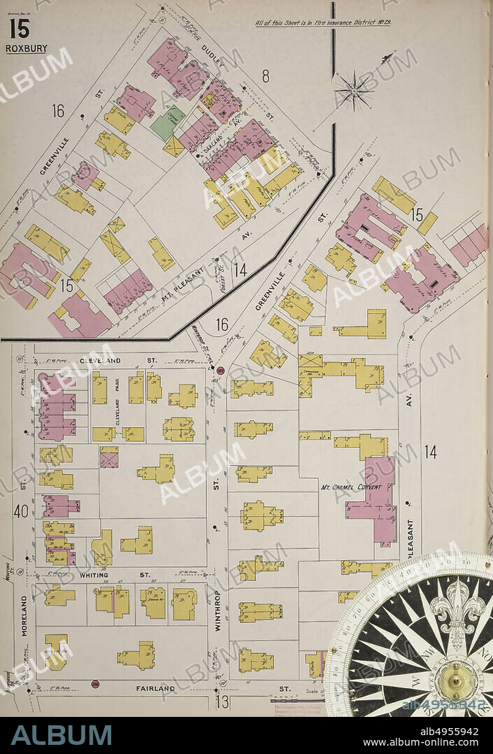 Image 16 of Sanborn Fire Insurance Map from Boston, Suffolk County, Massachusetts. Vol. 3, 1897. 115 Sheet(s). Bound, America, street map with a Nineteenth Century compass.