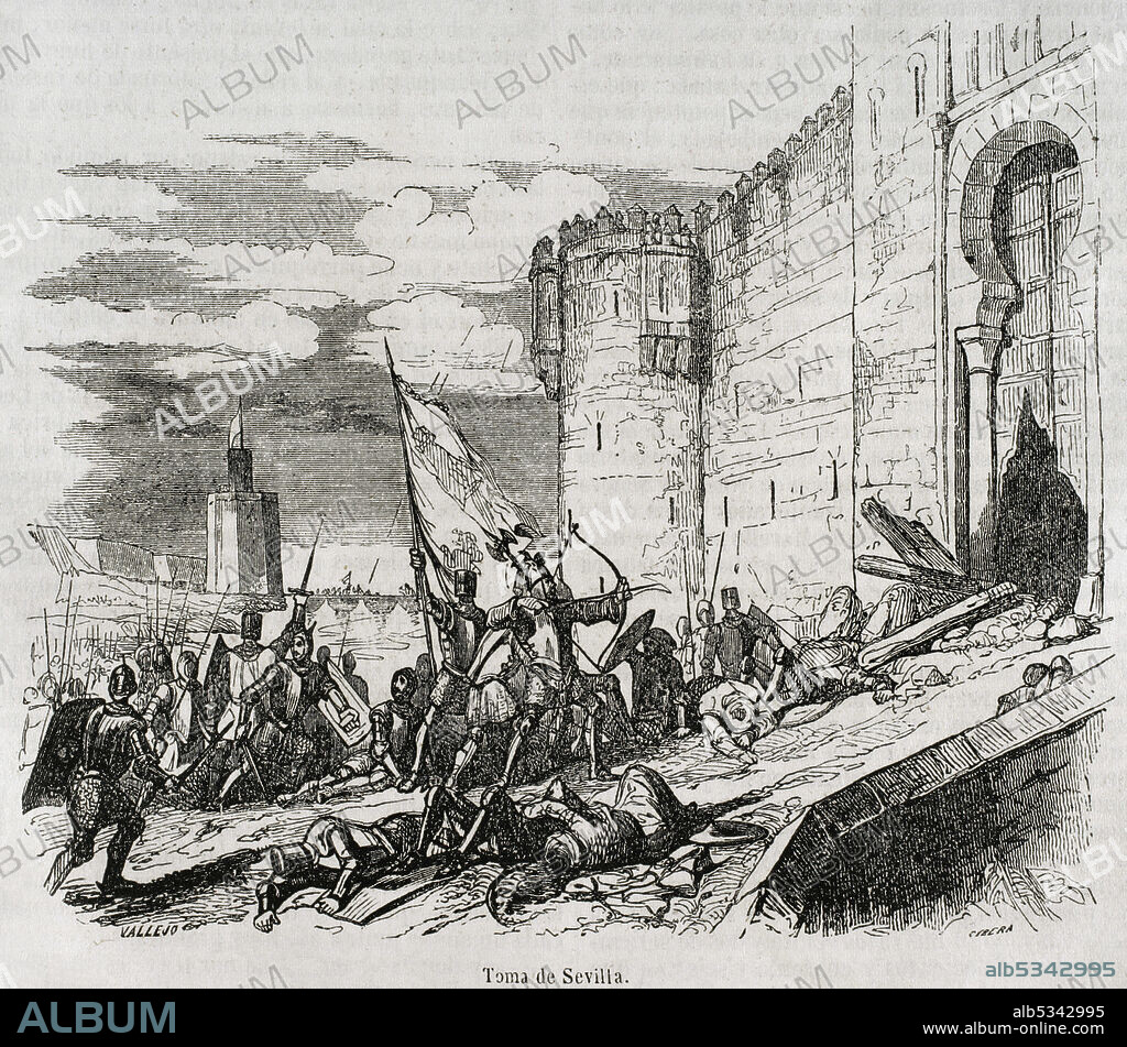 VALLEJO, SPANISH ARTIST. ILDEFONSO CIBERA, SPANISH ENGRAVER,19TH CENTURY.. Edad Media. Siglo XIII. Reconquista. Toma de Sevilla por las tropas cristianas de Fernando III de Castilla (1199-1252). Ilustración por Vallejo. Grabado por Cibera. Grabado. Historia General de España por el Padre Mariana. Madrid, 1852.