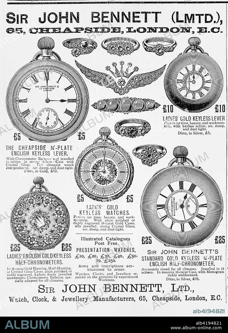 The Graphic Newspaper/Magazine June 1st 1897, Queens Victoria's Diamond Jubilee Advertisment for Sir John Bennett watchmaker and jewler.Sir John Bennett FRAS (15 October 1814 - 3 July 1897) was a watchmaker and local politician. He was described by one biographer as a 'flamboyant personality who seems to have aroused in his contemporaries varying degrees of ridicule, hostility, and admiration'.[2].