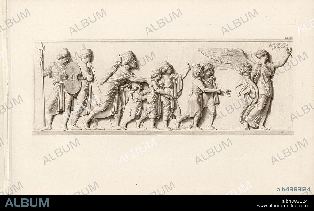 Mazäus with his five sons, Mazaeus and his sons move towards Alexander the Great, Tab. XIII, after p. 15, Oberbeck, F. (Zeichn.); Amsler, S. (gest.), Hermann Lücke: Der Einzug Alexander des Grossen in Babylon: Marmorfries von B. Thorwaldsen: nach Zeichnungen von F. Overbeck in Kupfer gestochen von S. Amsler. Leipzig: Dürr, 1873.