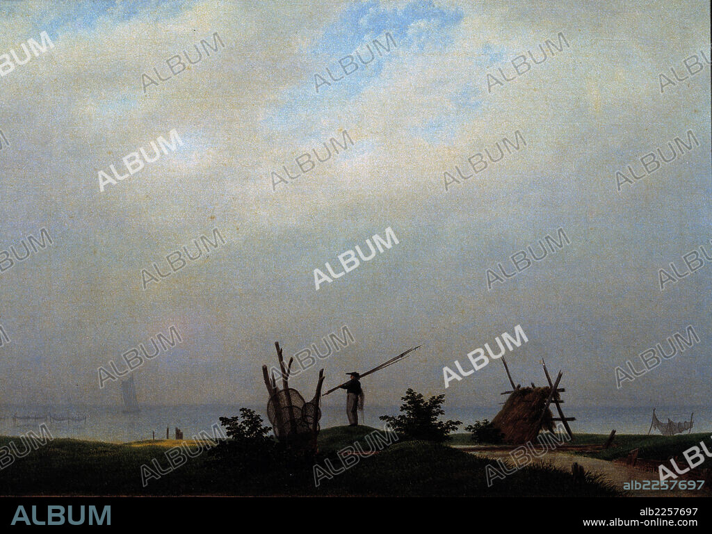ARTE SIGLO XIX . ALEMANIA. FRIEDRICH, GASPAR DAVID. (1774-1840 ). ES UNO DE LOS MEJORES REPRESENTANTES DE LA PINTURA ROMANTICA ALEMANA. " PLAYA CON PESCADORES " . AÑO 1807.