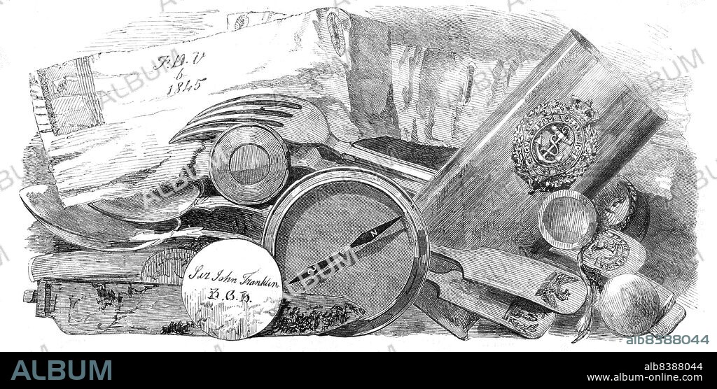 Relics of the Franklin Expedition, 1854. Items recovered from the ill-fated 1845 expedition led by Sir John Franklin, to find the Northwest Passage. The ships became icebound off King William Island in what is now Nunavut, and the entire crew died, from causes such as starvation, hypothermia, and scurvy. 'Part of flannel shirt; piece of plate; part of compass; certificate case; buttons, linked with cord'. From "Illustrated London News", 1854.
