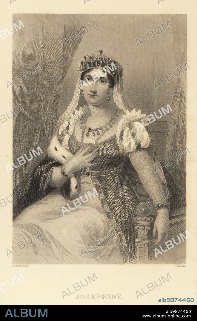 Josephine Bonaparte, empress consort of French Emperor Napoleon I, 1763-1814. Born Marie Josèphe Rose Tascher de la Pagerie, formerly de Beauharnais. Wearing a crown, veil, ermine cloak, seated on a throne. Steel engraving by F. Halpin after a portrait by Jules Champagne from Frank B. Goodrichs The Court of Napoleon or Society under the First Empire, J. B. Lippincott, Philadelphia, 1875.