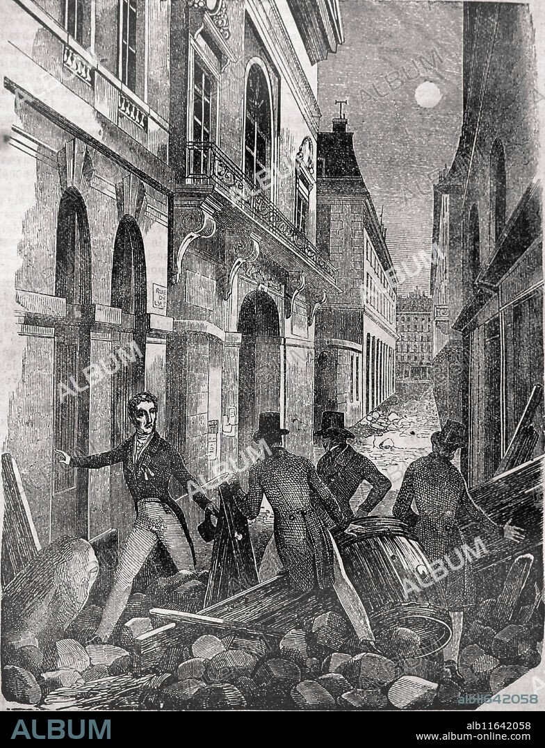 French. July Revolution, 1830. Marquis de Lafayette visiting the barricades. Engraving, 19th century.