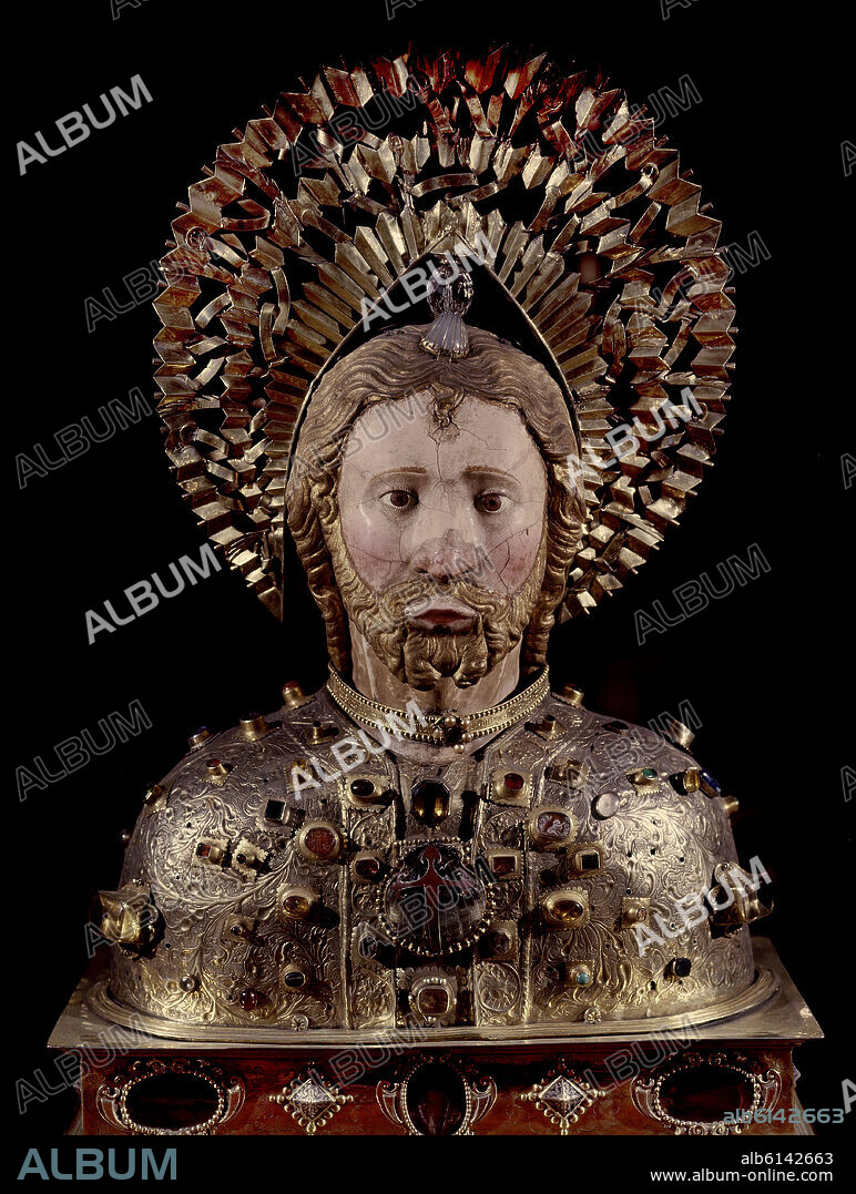 RODRIGO EANS. BUSTO RELICARIO QUE CONTIENE EL CRANEO DE SANTIAGO ALFEO - SOBRINO DE SAN JOSE - 1332- ARTE GOTICO.