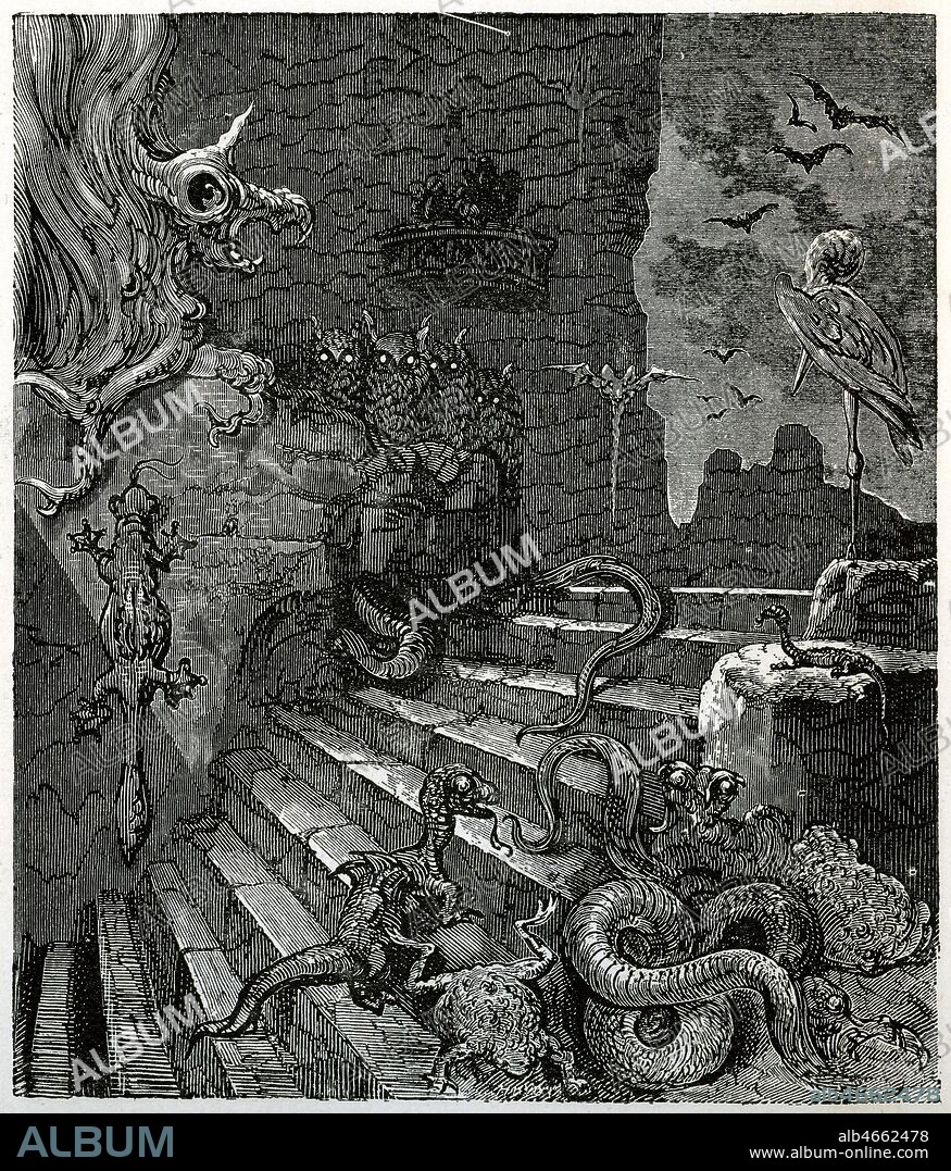 'La vie est representee la par le rebut de la creation'. Gravure de "Une nuit au chateau de la peur" illustre par Gustave DORE (1832-1883). Credit: Collection KHARBINE-TAPABOR.