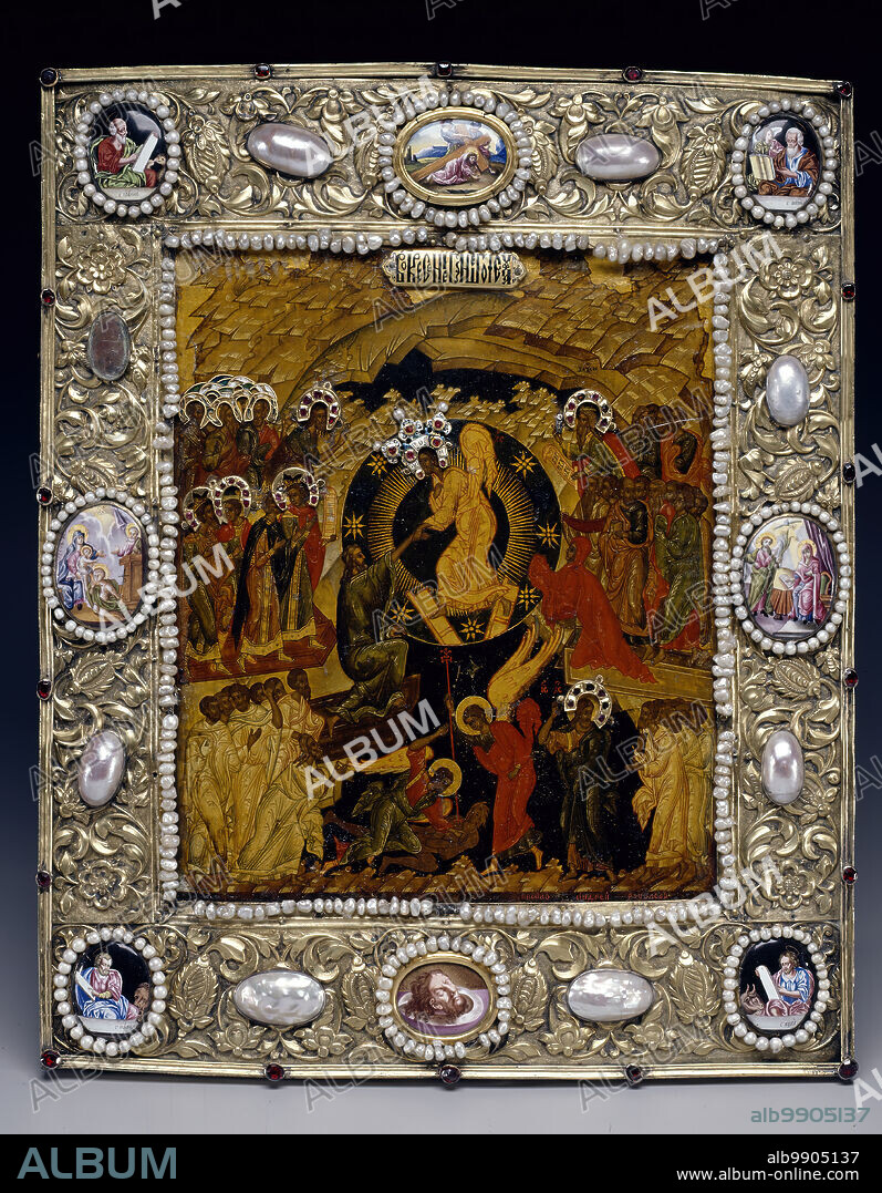 Icon of the Descent into Hell, Icon: 19th century; Frame: 18th century. The composition of this icon is known as Anastasis, or the Harrowing of Hell, and it is the traditional iconographic representation of the Resurrection. Christ, standing on Hell's broken gates, pulls Adam and Eve out from their tombs, with crowds of Old Testament kings and other biblical figures behind them. The crowned figure on Christ's left is Zachariah, holding a scroll that reads, "Blessed is..." Christ appears again at the bottom of the frame, leading a group of souls out of Hell as angels beat down hapless demons. The icon is painted in the style of the 16th or 17th century, and a spurious "Andrei Rublev" signature (likely added later) tries to pass it off as even older.
