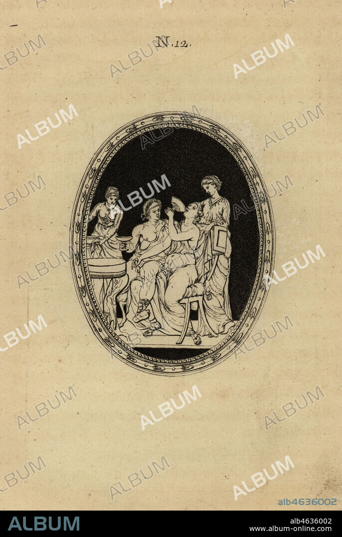 Cleopatra swallowing a pearl in vinegar while masturbating Mark Antony. Two slave girls attend them. Cleopatre, a table avec Marc-Antoine, avale une perle detrempee dans du vinaigre. Copperplate engraving from Pierre-Francois d'Hancarvilles Monumens de la Vie Privee des Douze Cesars, Chez Sabellus, Capri (Monuments of the Private Lives of 12 Caesars, Leclerc, Nancy) 1780. From imaginary Spintria, medals and cameos.
