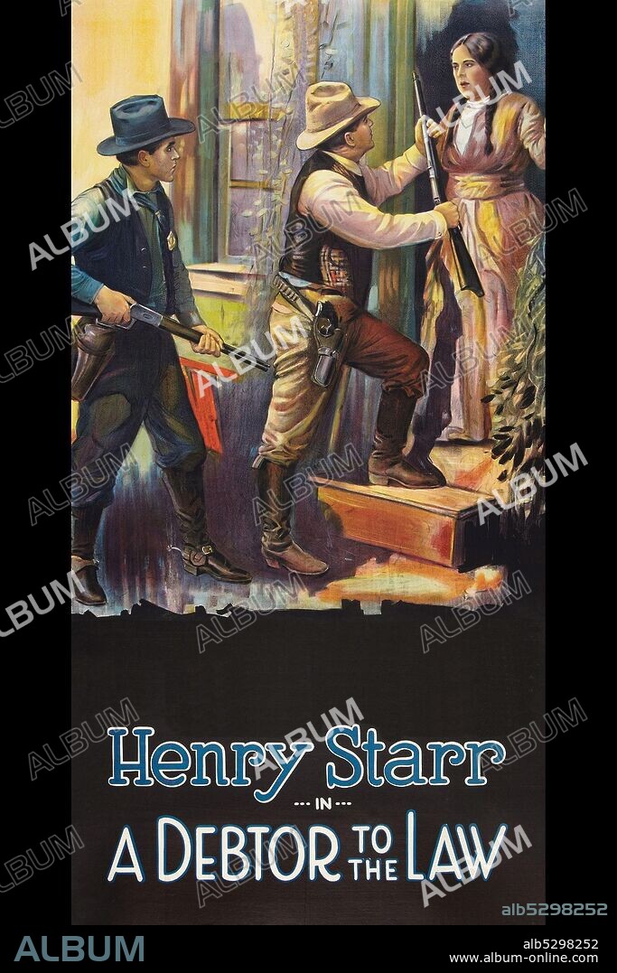 Two Men with rifles confront a woman at the front of her home.  Poster for A Debtor to the Law (1919).  Henry Starr (1873–1921) was an American criminal of the wild west and an American actor of the silent film era..