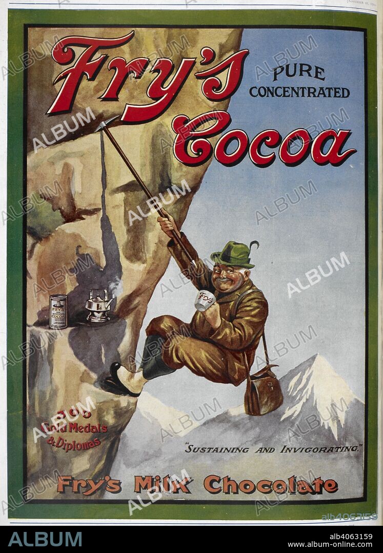 Advertisement for Fry's cocoa, milk chocolate drink. A man climbing a man. Sphere : an illustrated newspaper for the home. London : Nineteen Hundred Pub. Syndicate, 1900-. Source: Sphere 21/11/1910 back cover.