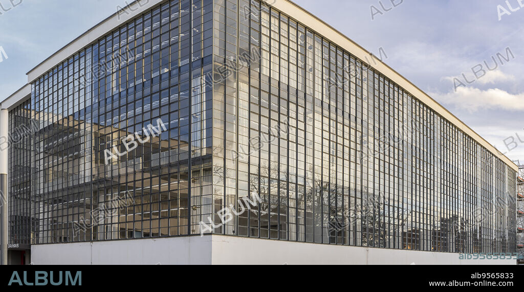 glass curtain wall on the façade, bauhaus school, Dessau, Federal Republic of Germany.
