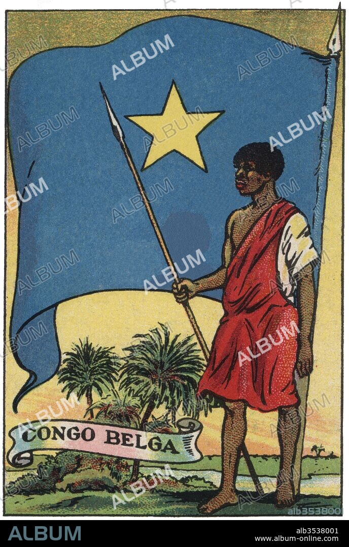 ALBERT MESTRE MORAGAS. Bandera del Congo Belga  y soldado de infantería. Colección de cromos Banderas del Universo. Años 1920.
