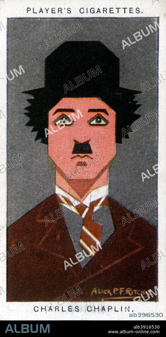 Charlie Chaplin, British film actor and director, 1926. Portrait of Sir Charles Chaplin (1889-1977). Cigarette card with straight-line caricature, issued by John Player & Sons.