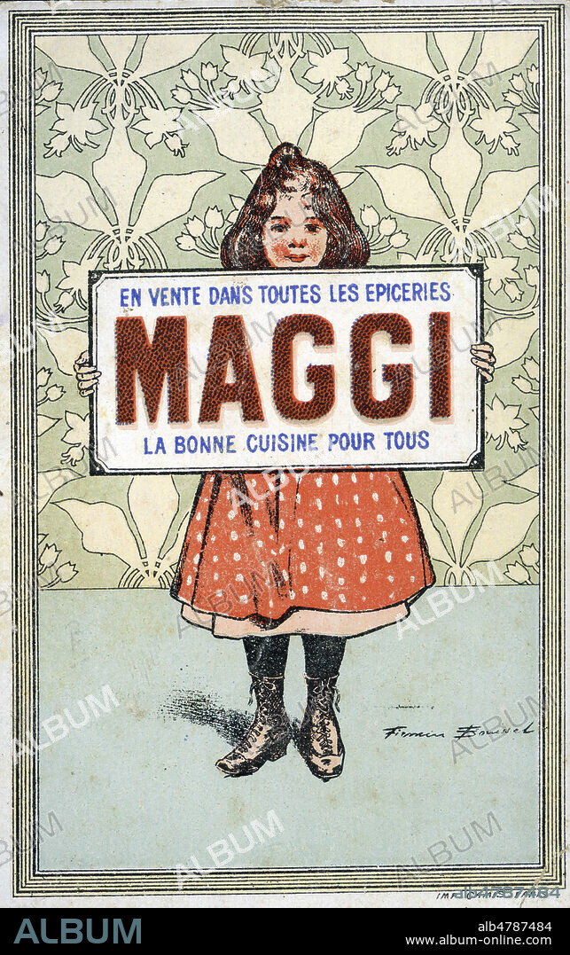 'En vente dans toutes les epiceries, MAGGI : la bonne cuisine pour tous'. Carte publicitaire vers 1900. Illustration par Firmin BOUISSET (1859-1925). Credit : Collection IM/KHARBINE-TAPABOR.