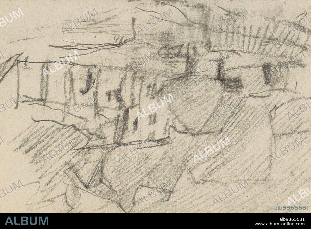 Nieuwe Teertuinen in Amsterdam, seen from the Sloterdijkerbrug bridge. In front the crane of the tarcooker. Page 21 and page 22 from a sketchbook with 45 sheets made in Amsterdam and Pittsburgh, Nieuwe Teertuinen in Amsterdam, as seen from the Sloterdijkerbrug bridge., draughtsman: George Hendrik Breitner, Amsterdam, c. 1909, George Hendrik Breitner, c. 1909.