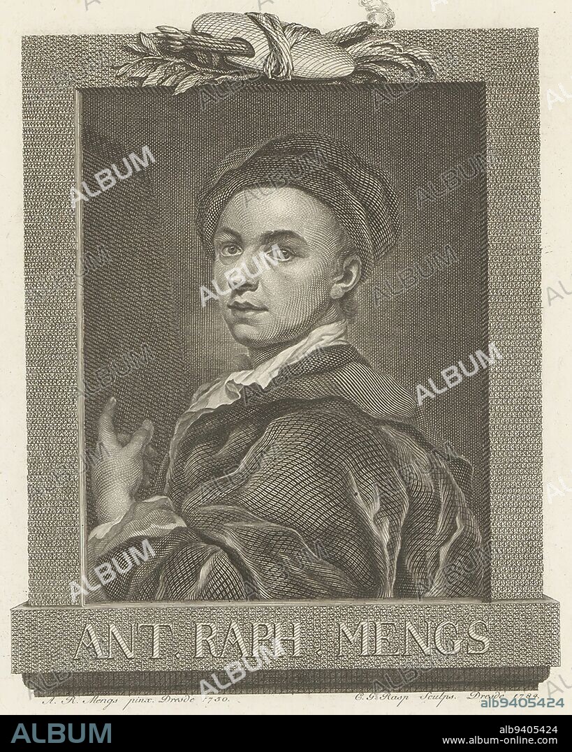 Portrait of Anton Raphael Mengs, print maker: Carl Gottlieb Rasp, (mentioned on object), after: Anton Raphael Mengs, (mentioned on object), 1784, paper, engraving, h 197 mm - w 154 mm.