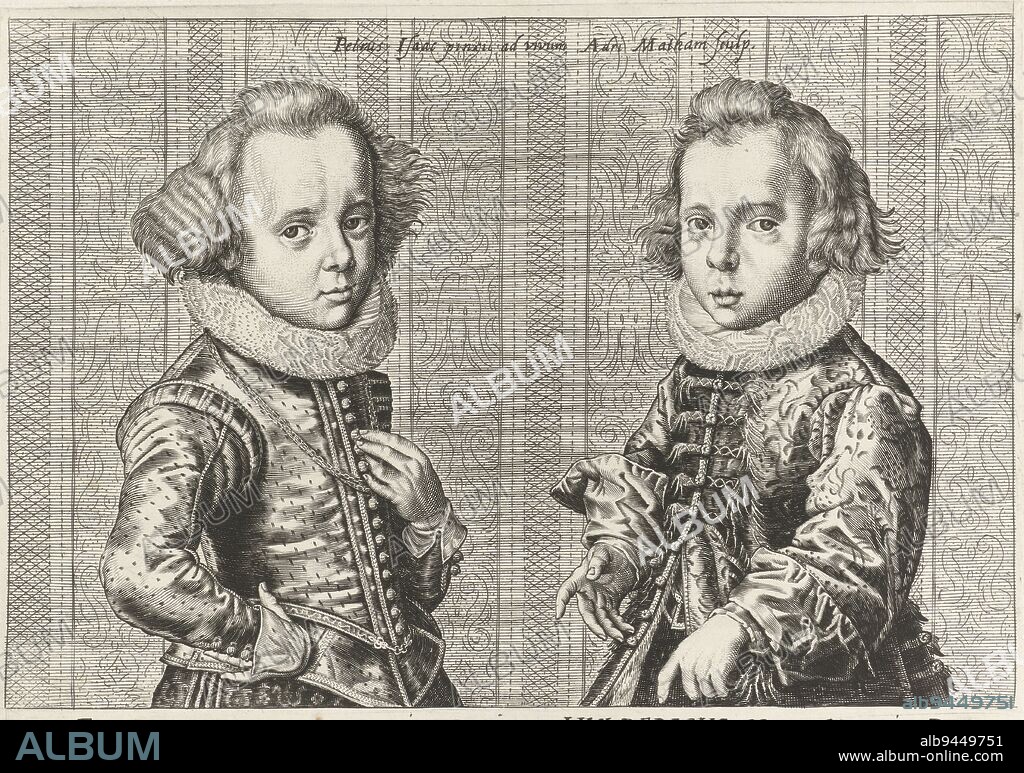 Double portrait of Frederick III, later King of Denmark and Norway and his brother Ulrich of Denmark. Both princes face each other, half in the foreground, Frederick III on the left and Ulrich on the right., Portraits of Frederick III and Ulrich of Denmark, print maker: Adriaen Matham, (mentioned on object), after: Pieter Isaacsz., (mentioned on object), Haarlem, 1615, paper, engraving, h 210 mm × w 273 mm.