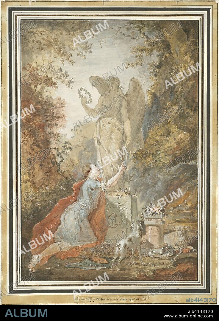 CLAUDE JEAN BAPTISTE HOIN. An Artist Adoring a Statue of Virtue. Claude Hoin; French, 1750-1817. Date: 1783. Dimensions: 408 × 277 mm (primary support); 475 × 340 mm (secondary support). Watercolor and gouache, over black chalk, on ivory laid paper, laid down on off-white laid paper. Origin: France.