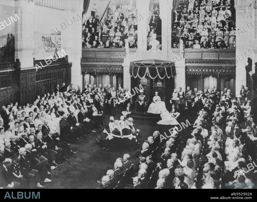 First Original Pictures Of King And Queen In Canada - By Air Across Atlantic -- The Magnificent scene in the Parliament House in Ottawa showing the King And Queen seated on the Thrones, during their visit when his Majesty gave the Royal Assent to several bells.These are the first original Pictures to be received in London of the King and Queen's visit to Ottawa, the Canadian capital, they were flown to Marseilles from America by the new Trans-Atlantic air mail service and reached London by air from Marseilles this morning. May 23, 1939. (Photo by Keystone).