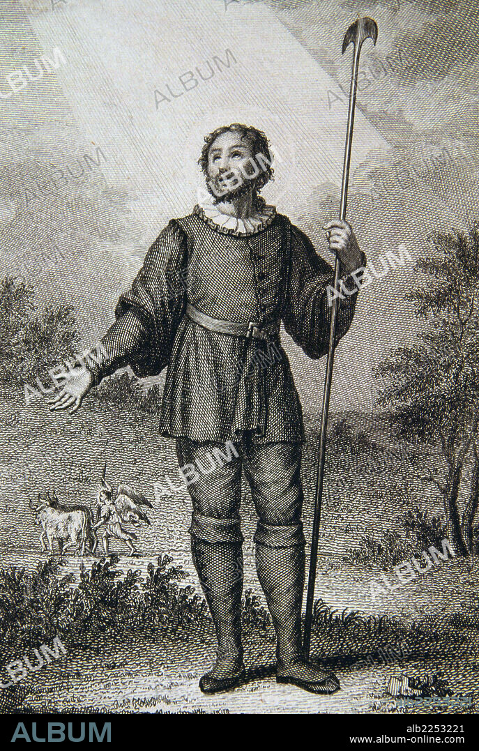 ISIDRO LABRADOR, SAN. PATRON DE LOS CAMPESINOS. MADRID 1070-1130. PATRON DE LA CIUDAD DE MADRID. GRABADO DE L. NOSCRET CON DIBUJO DE A. GUERRERO.. MUSEO MUNICIPAL DE MADRID.