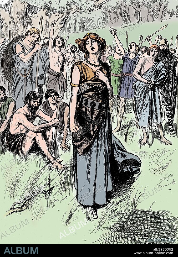 Boudicca (Boadicea) lst century British queen of the Iceni, rallying her troops, c1900. The warrior queen Boudicca launched a revolt against the Romans in Britain in 61 AD. The revolt was initially successful, with Colchester, London and Verulaimium brutally sacked. Eventually Boudicca's army was defeated by a Roman force under Seutonius Paullinus, after which Boudicca is said to have committed suicide by taking poison. (Colorised black and white print).
