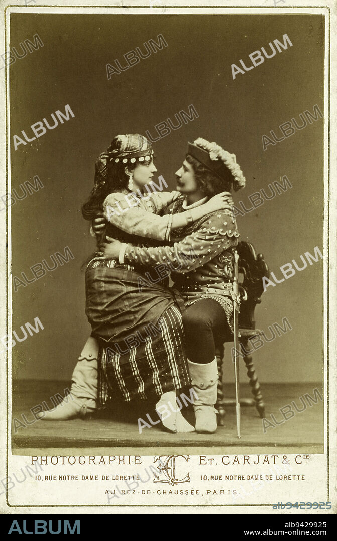 René Didier and Alice Lody in the roles of Phoebus and Esmeralda, Carjat, Etienne, Photographer, En 6-1879, 4e quart du 19e siècle, Maison de Victor Hugo - Hauteville House, Photography, Albumen paper print, Paris, Dimensions - Work: Height: 13.8 cm, Width: 9.8 cm, Dimensions: Height: 16.5 cm, Width: 10.6 cm, Dimensions: Height: 40 cm, Width: 30 cm.