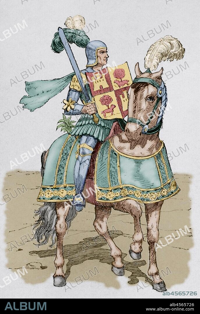 Middle Ages. Christian Knight. Engraving from a codex of the 14th century. Museo Militar, 1883. Later colouration.