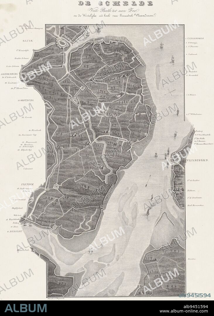 Map of the course of the Scheldt from Koudorp (bottom) to Sluis (top), at the time of the siege of Antwerp in December 1832. Along the river the various entrenchments and forts are indicated. The legend on either side of the representation 1-28. Map in two sheets, of which this is the upper part, Loop van de Schelde van Fort Bath tot zee (upper sheet), 1832 De Schelde Van Bath tot aan Zee. en de Westelijke uit hoek van Zeeuwsch Vlaanderen (title on object), print maker: Willem Charles Magnenat, (mentioned on object), publisher: Frans Buffa en Zonen, (mentioned on object), print maker: Netherlands, publisher: Amsterdam, 1833, paper, h 543 mm × w 380 mm.