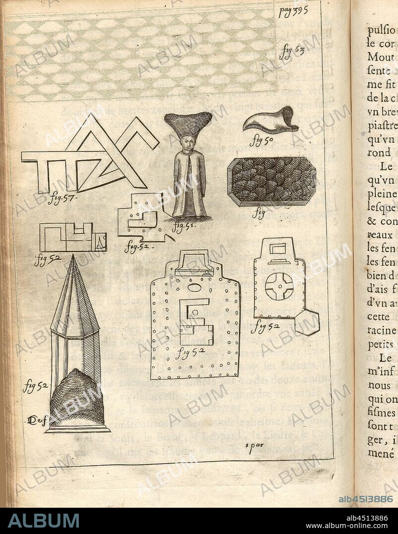 Prince, heir of the Ottoman throne, ground plan of the Leander's Tower and a mosque, minaret, wall decoration, Ottoman parquet, Fig. 50: Unidentifiable, Fig. 51: Prince's sketch, heir to the 17th century Ottoman throne, Fig. 52: Leander's tower layout, mosque layout, and a 17th century minaret sketch, fig, 57: Sketch of a detail of a wall decoration of the royal mosque in Istanbul from the 17th century, Fig. 63: Sketch of the park of Ottoman houses in Istanbul from the 17th century, signed: CDe.f, Fig.13, p. 394, Derbage, Cl. (fec.), 1665, Jean Bertet, Balthasar de Monconys: Journal des voyages de Monsieur de Monconys: [...]. Premiere partie. Lyon: chez Horace Boissat & George Remeus, 1665.