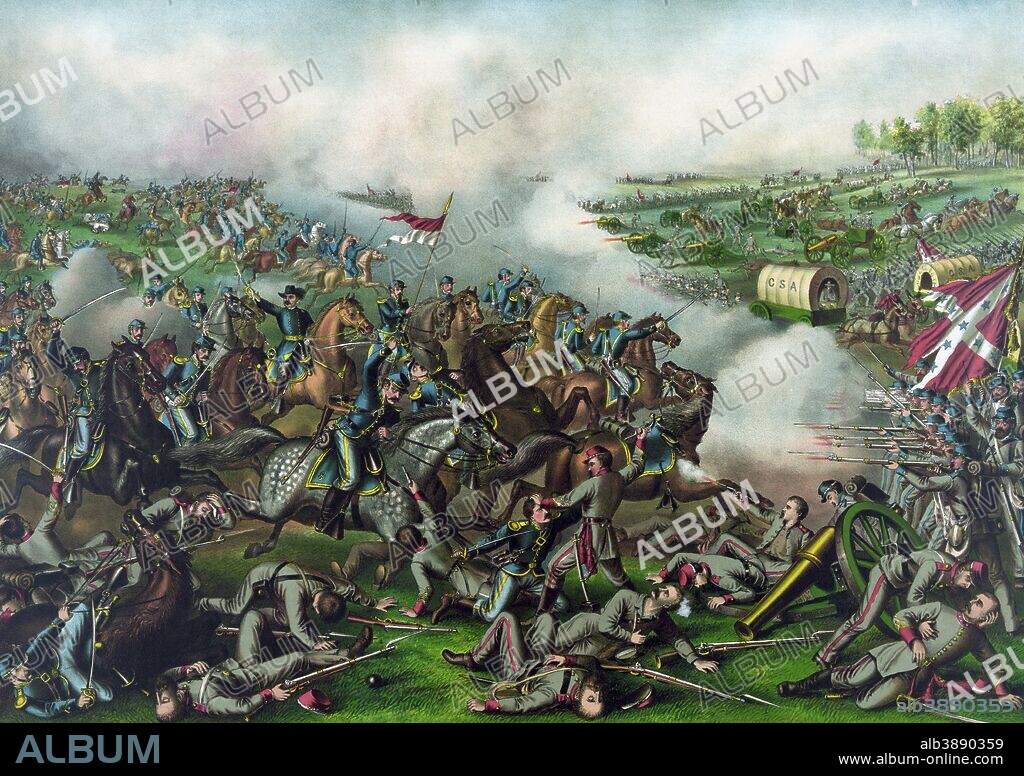 Vintage Civil War Print of the Battle of Five Forks. General Philip Sheridan is prominently featured, riding on horseback and brandishing his sword. The battle was fought April 1, 1865 during the Appomattox Campaign. The Confederate loss, at Five Forks, triggered the eventual surrender of General Lee at Appomattox on April 9th. The print reads, Battle Of Five Forks, VA.