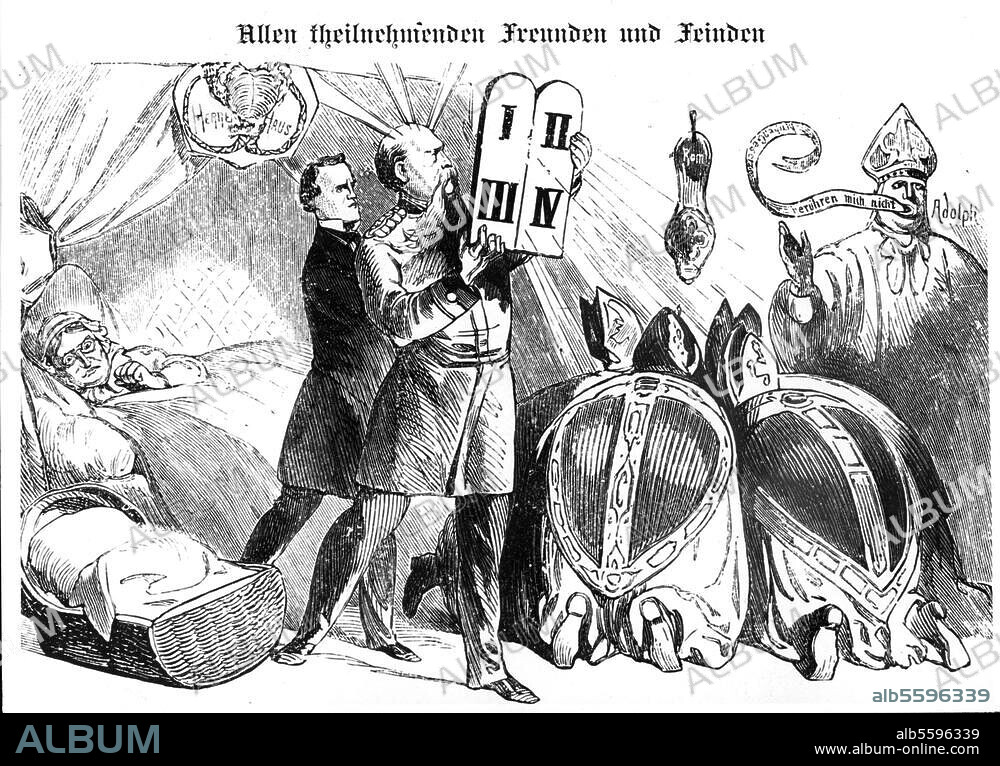 Kulturkampf 1871-1887. Maigesetze vom 11.-14. Mai 1873. - "Allen theilnehmenden Freunden und Feinden die Anzeige, daß unsere Stiefmutter Herrenhaus nach langen Mühen glücklich von den Kirchengesetzen entbunden ist". (Karikatur mit O. v. Bismarck u. A.Falk). Aus: Kladderadatsch. (Berlin), 26. Jg., 1873, Nr. 23 (18.5.73).