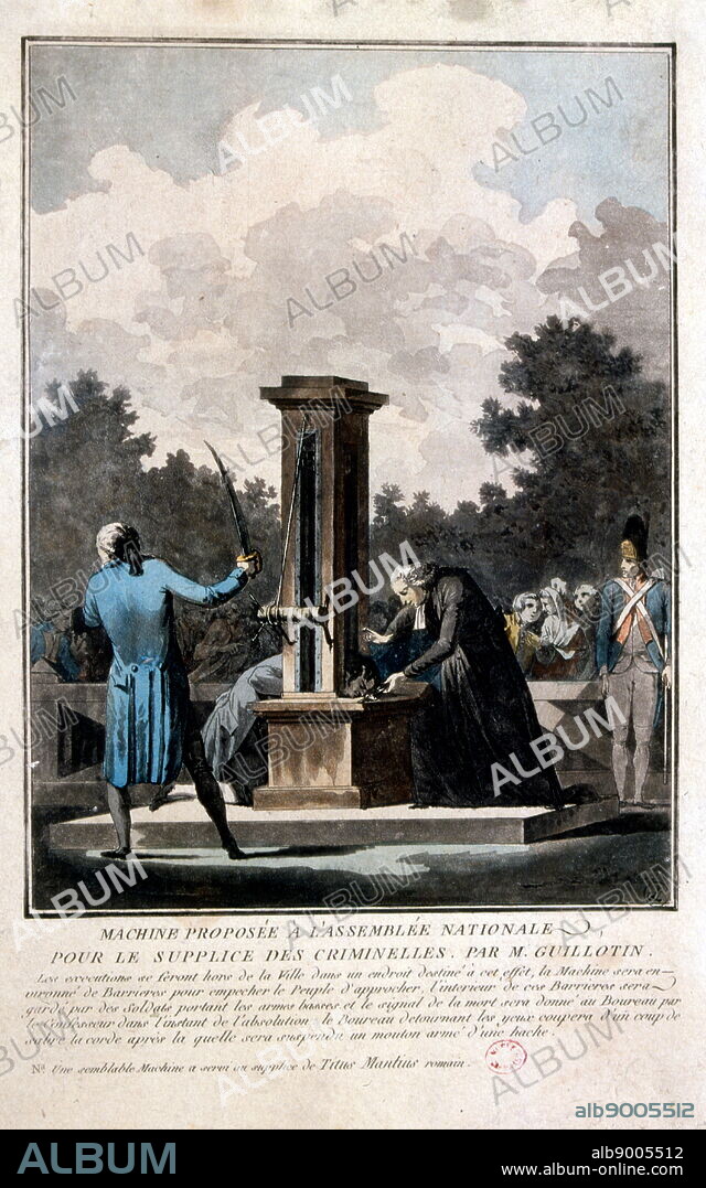 A guillotine used for carrying out executions by beheading. The device is best known for its use in France, in particular during the French Revolution, where it was celebrated as the people's avenger by supporters of the revolution and vilified as the pre-eminent symbol of the Reign of Terror by opponents. On 10 October 1789, physician Joseph-Ignace Guillotin proposed to the National Assembly that capital punishment should always take the form of decapitation "by means of a simple mechanism.".
